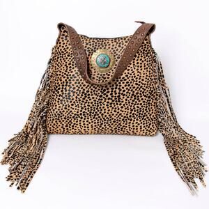 Leopard Print Fringe Shoulder Bag - Brown